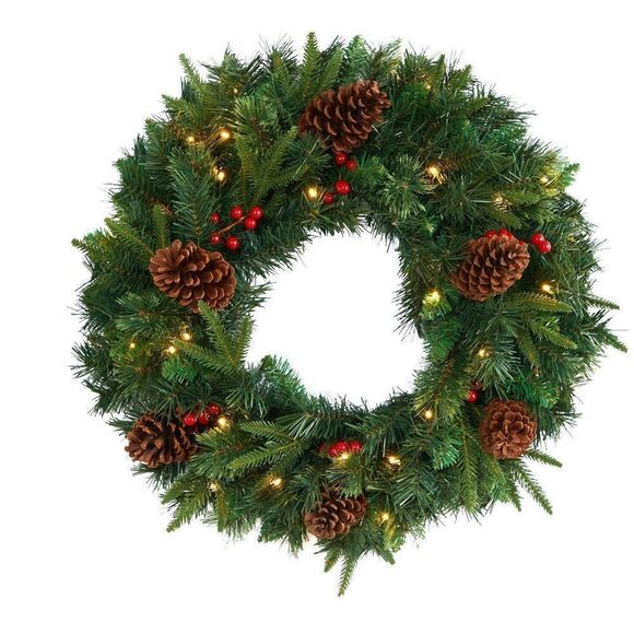 Nearly Natural 24” Mixed Pine Artificial Christmas Wreath w/ 35 Clear LED Lights - Picture 1 of 1